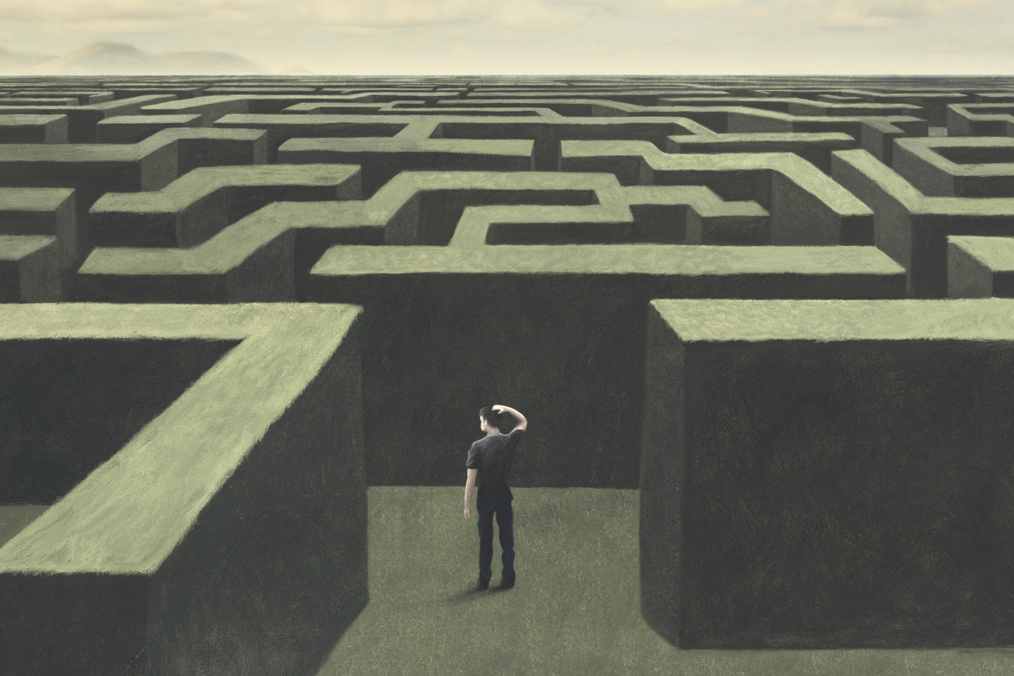Search marketing in greenville - Illustration of man lost in a complex labyrinth, surreal abstract concept